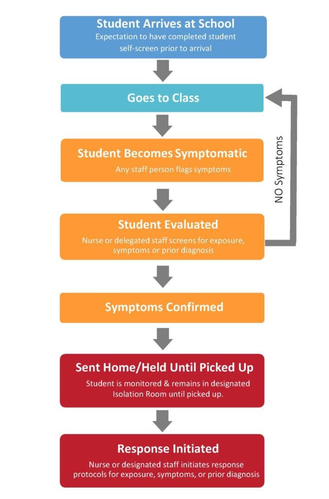 Flow Chart:
- Student Arrives at School
- Goes to Class - Student Becomes Symptomatic
- Student Evaluated: If no symptoms, goes back to class.
- Symptoms Confirmed
- Sent Home / Held Until Picked Up
- Response Initiated