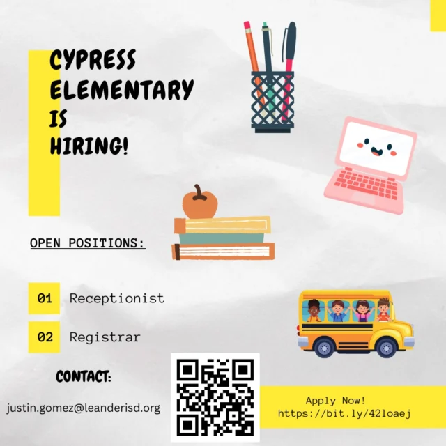 📣 We’re hiring at Cypress Elementary in #LeanderISD! 🐆💙

Our Cheetah community is looking for a Receptionist and a Registrar to join the team. These important roles help keep our campus running smoothly and support students, families, and staff every day.

If you or someone you know is interested in making a difference at Cypress, we’d love for you to apply! #1LISD #noplacelikelisd

👉 https://bit.ly/42loaej