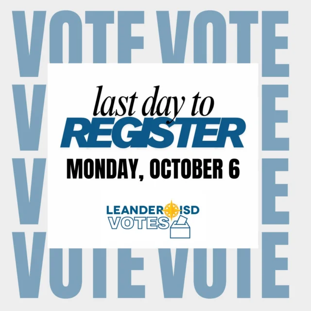 Don't forget: Today – Monday, Oct. 6 – is your last chance to register to vote for the fall elections! Make your voice count!

Check your voter registration status ▶️ https://bit.ly/3XIhYuZ 
More info ▶️ www.leanderisd.org/vote

#1LISD
#LISDvotes