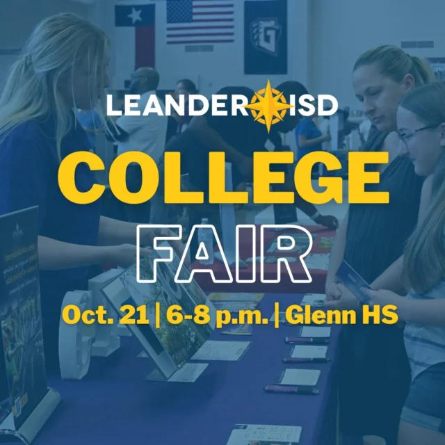 📆 Calling all #1LISD high school families! Join us on Tuesday, Oct. 21 at Glenn High School for Leander ISD's annual College Fair. 

✔️ Learn about college admissions, financial aid and scholarship opportunities 
🤝 Meet with reps from four-year and two-year colleges and universities, trade schools, technical programs and the armed forces 

Get the full details at the link in our bio. See you there! 👋