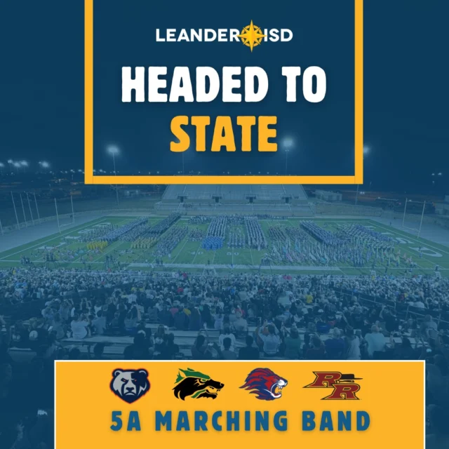 🎉 They've done it again: All SIX Leander ISD high school marching bands have qualified for the UIL State Marching Band Contest for the second year in a row! No matter what LISD feeder pattern you're in, all six have a pathway to state. 

Big congratulations to the Cedar Park, Glenn, Leander and Rouse High School bands earning their ticket to the 5A Contest next week in San Antonio after sweeping the top four spots in this past weekend's UIL Area H Contest. 👏

We are so proud of our students, directors and families for such an amazing accomplishment. #1LISD is cheering you on!