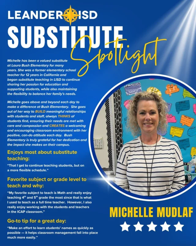 Michelle Mudlaf is a valued substitute teacher at Laura Welch Bush Elementary who is intentional about building meaningful relationships, and creating welcoming and encouraging classroom environments with her positive, can-do attitude each day. 

We are thankful for Michelle's years of service and celebrate the difference she continues to make in the lives of #1LISD students and staff!!
