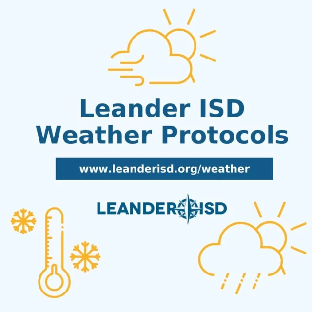 ❄️ With a winter weather pattern in the forecast for later this week, we'd like to take this opportunity to reshare our weather protocols: https://www.leanderisd.org/weather/

Leander ISD is closely monitoring weather conditions and will continue to work with local and state agencies to stay informed. Updates on any impact to school operations will be shared through ParentSquare and our social media channels. 

We urge all #1LISD families to take the necessary precautions to protect against the winter weather. Please dress warmly and in layers, protect exposed skin, and ensure your home and vehicles are winter-ready. 

Please stay safe and warm as we navigate these upcoming cold weather conditions. 🧤🧣