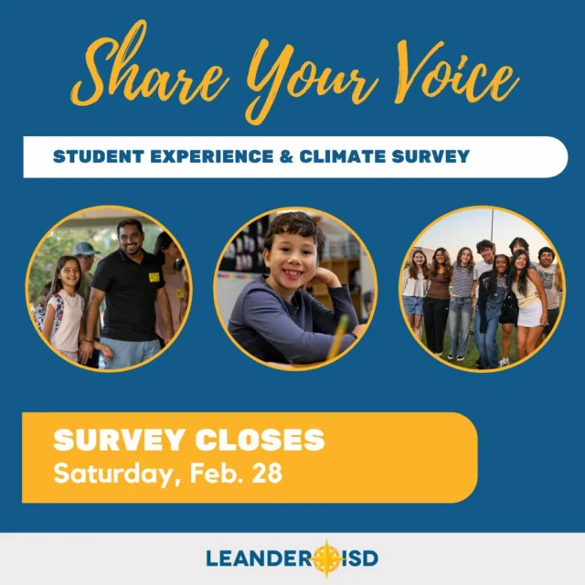 🗣️ Your opinion matters! Help us better understand the student experience in Leander ISD by taking our confidential survey today. Check your email for the survey link or access it directly at the link in our bio. 

You can share your voice by taking the survey through February 28. Thank you for helping us build a better learning environment for every student in #1LISD!