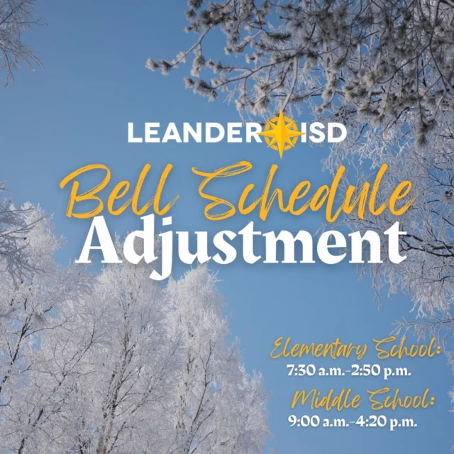 🔔 Reminder: Updated bell schedules for elementary and middle school begin on Tuesday, March 24! 

⏰ Elementary School: 7:30 a.m.-2:50 p.m. (Previous dismissal at 2:45 p.m.)
⏰ Middle School: 9:00 a.m.-4:20 p.m. (Previous start time at 9:05 a.m.) 
⏰ High School: No change (8:15 a.m.-3:35 p.m.)

#1LISD