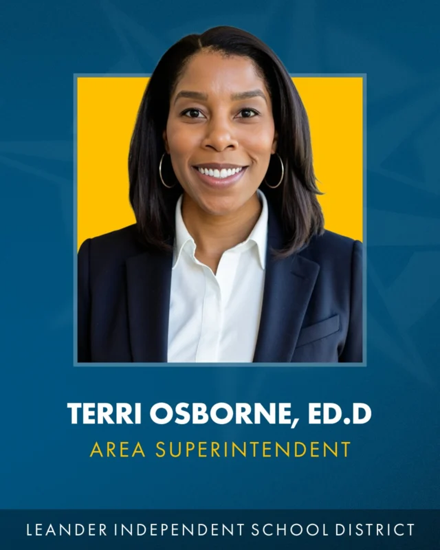 Leander ISD is pleased to welcome Terri Osborne, Ed.D., as an area superintendent, providing guidance, support and coaching to campus principals. 

“Terri brings a strong focus on people, performance, and presence, along with a thoughtful approach to leading through complexity, while maintaining a focus on student needs,” said Leander ISD Superintendent Chris Clark, Ed.D. “Her ability to navigate complex systems with clarity, accountability, and strong judgment will be a valuable asset to our leadership team.”

🔗 Read more at the News link in bio.