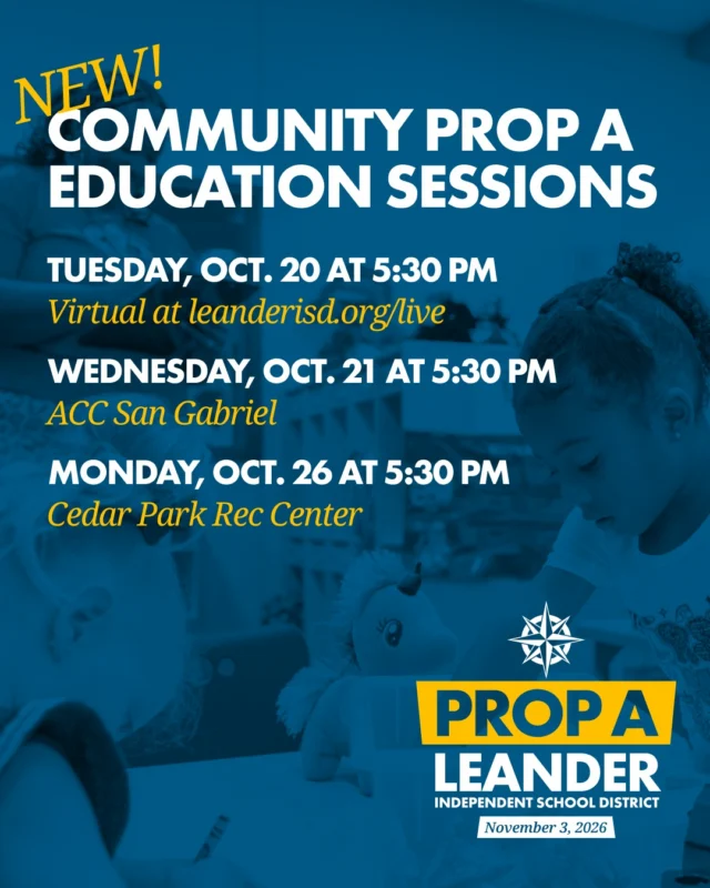 Still have questions about Prop A? Join us! 

We've added 3 NEW Community Education Sessions -- including a virtual session Tuesday night -- so you can head to the polls fully informed. 🗳

💻 Tuesday, Oct. 20 at 5:30 p.m. at www.leanderisd.org/live
📍 Wednesday, Oct. 21 at 5:30 p.m. at ACC San Gabriel
📍 Monday, Oct. 26 at 5:30 p.m. at Cedar Park Rec Center

For more information on Prop A, visit elections.leanderisd.org.